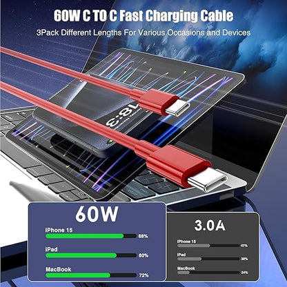 3-Pack Red [3.3FT+6.6FT+10FT] 60W USB C to USB C Cable, Type C Fast Charging Cable for iPhone 15/16, Galaxy S23/S24, iPad Pro/Air, MacBook Pro/Air and More