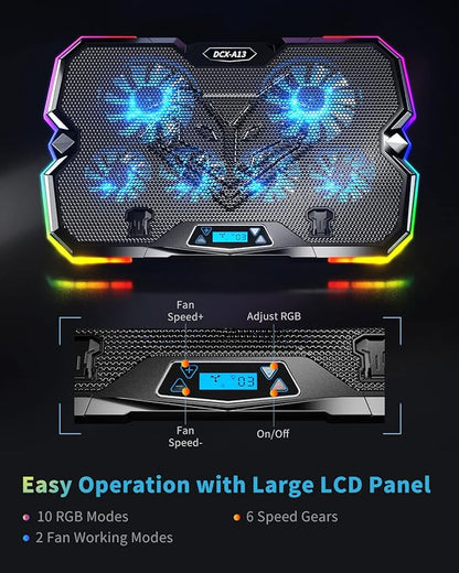 KeiBn Upgrade Laptop Cooling Pad A13,RGB Lights Laptop Cooler 6 Fans for up to 15.6 Inch Laptops,10 Modes Light, 7 Height Stands, 2 USB Ports - Blue