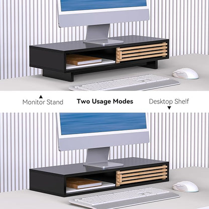 Monitor Stand Riser with Sliding Door, Computer Laptop Stand Desk Shelf Organizer with Storage (Black + Natural Bamboo, 25 Inch)
