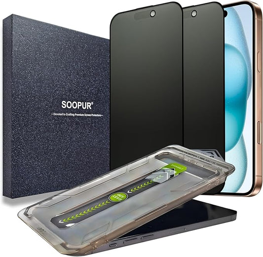SOOPUR 2 Pack Matte Privacy Screen Protector for iPhone 15 Plus/16 Plus, [Auto-Dust Removal and Auto-Alignment] Anti-Spy Anti-Glare Anti-Fingerprint Tempered Glass Film, Smooth & Sensitive Touch