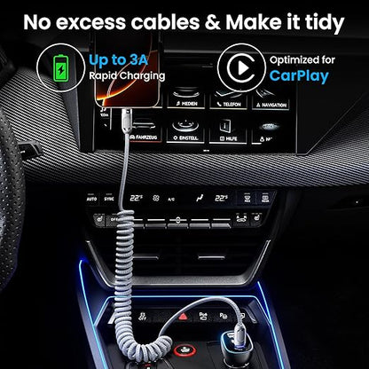 Coiled USB C to USB C Cable 2Pack 3FT Braided Retractable Fast Charging Cable for Car, Compatible with iPhone 16/15 Pro Max/Galaxy S24/S23/S22, Supports Car Play & Android Auto-Grey