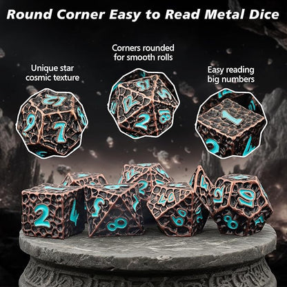 PJOY Metal D&D Dice Set for Dungeons and Dragons Dice with Case Meteorite Copper Blue Numbers 16mm 7PCS Role Playing Cool Dice DND Gifts for Players DM Game Masters