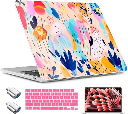 TWOLSKOO Compatible with M4 MacBook Air 13.6 inch Case 2025-2022 Release M4 A3240 M3 A3113 M2 A2681, Plastic Hard Shell & Keyboard Cover & Type C Adapter & Screen Protector, Bright Abstract Florals