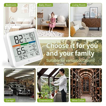 2 Pack Indoor Thermometer Room Temperature Home Hygrometer Humidity Gauge, Accurate with Calibration, Backlight, Air Comfort Indicator, 24H Max Min Records, Time, Date(AAA Batteries Included)