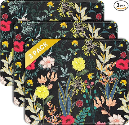 JIKIOU 3 Pack Mouse Pad with Stitched Edge, Comfortable Mouse Pads with Non-Slip Rubber Base, Washable Mousepads Bulk with Lycra Cloth, Mouse Pads for Computers Laptop Mouse 10.2x8.3in Black Flowers