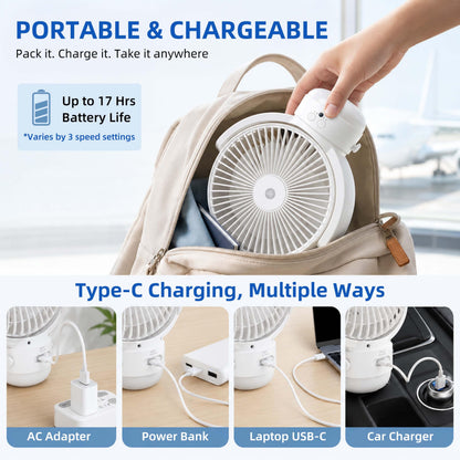 OGZ Portable Fan for Travel Wireless with Remote Timer, 7 Inch Small Desk Fan with LED Night Light 90° Oscillation, Rechargeable USB Fan for Cruise Bed Beside Sleeping Camping Tent