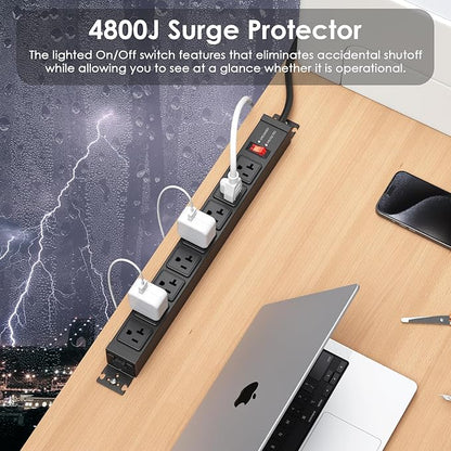 JUNNUJ 20 Amp Power Strip Surge Protector 4800J, Heavy Duty 8 Outlet Metal Multi Angle Mount, 20A Garage Power Strip Shop 6-20R T-Slot, 5-15P Plug 12 Gauge Extension Cord 6ft for Appliance