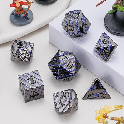 Anitque Metal Dice D&D,Metal Glitter Stripe Dice 7pcs Set with Gift Case,Polyhedral Dice for Role Playing Game (Black Nickel Dark Purple)