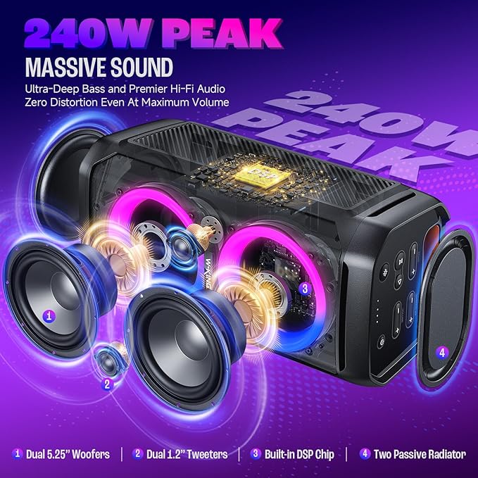 W-KING Large Bluetooth Speaker, 240W Peak Loud Boom Box 2×5.25" Subwoofers & 115dB Deep Bass, IPX6 Waterproof, Wireless Speakers, 24H, For Outdoor Party, Mic&Guitar Input, RGB Lights,Echo, EQ, TF, AUX