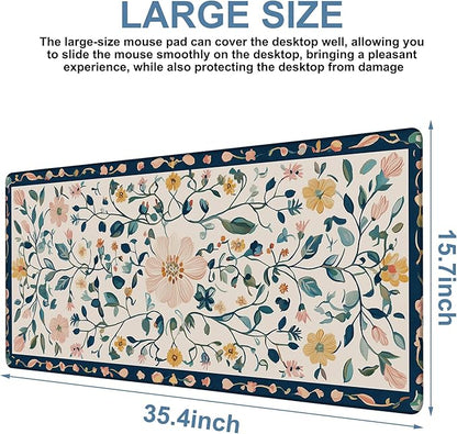 Gaming Desk Pad Large Extra Length Oriental Decorative Mouse Pad Keyboard Laptop Non-Slip Waterproof with Rubber Base Thick Stitched Edge Mouse Mat for Office Home 35.4 x 15.7 Inches