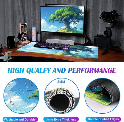 Simple and Cute Anime Landscape Computer Mouse Pad, Large Green Plant Outdoor Landscape Office Desk Pad, 35.4 x 15.7 x 0.12 Inch Sewn Edge Non Slip Rubber Base Mouse Pad