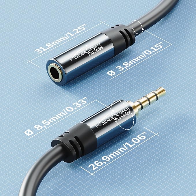KabelDirekt – Headset Extension Cable – 25ft – Headphone Extension Cord with Break-Proof Metal Plug for Gaming Headsets & Headphones with Microphone, TRRS, 4-Pole, 3.5mm Male to Female