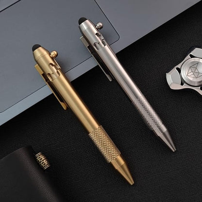 Cool Hand 4.9'' Brass Bolt Action Pen with Retractable Stylus Tip for Any Touch Screen, Ballpoint Ink Refillable, Compact Size, Skelton Out Deep Pocket Clip (Brass)