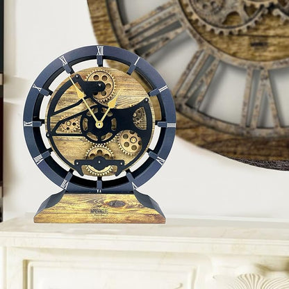 The Gears Clock Desk Clock 10 inches with Real Moving Gears Convertible into Wall Clock (Gold Antique)