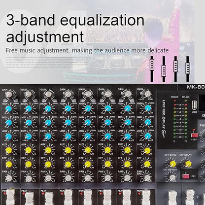G-MARK MK800MP3 Professional Audio Mixer Sound Board 8 Channels Mixing Console with MP3 Player +48V Phantom Power Digital USB Bluetooth Reverb DJ Mixer Audio for PC Karaoke Stage Studio Recording