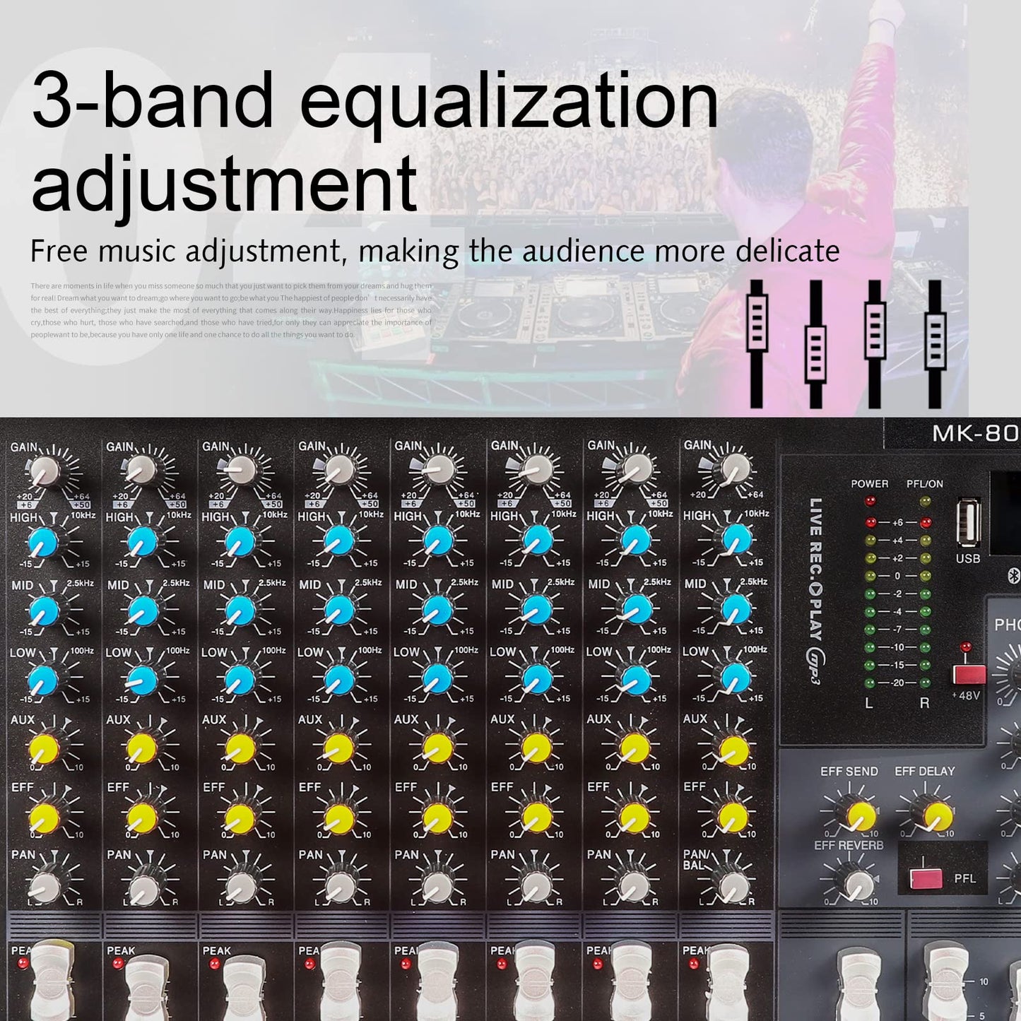 G-MARK MK800MP3 Professional Audio Mixer Sound Board 8 Channels Mixing Console with MP3 Player +48V Phantom Power Digital USB Bluetooth Reverb DJ Mixer Audio for PC Karaoke Stage Studio Recording