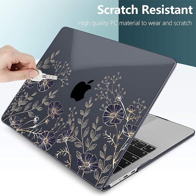 TWOLSKOO Compatible with M4 MacBook Air 13.6 inch Case 2025-2022 Release M4 A3240 M3 A3113 M2 A2681, Plastic Hard Shell & Keyboard Cover & Type C Adapter & Screen Protector, Golden Flowers