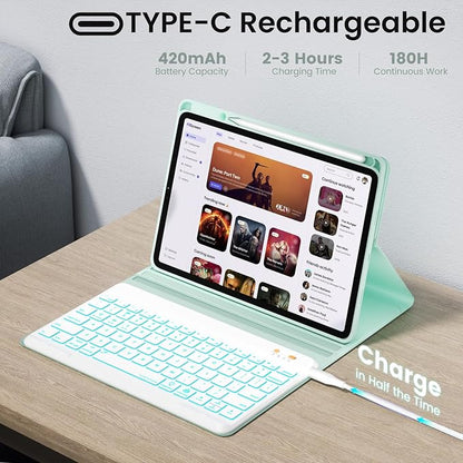 iPad 7th/8th/9th Generation Case with Keyboard 10.2-inch 2019/2020/2021, iPad Air 3rd/Pro 10.5-inch 2017 Compatible, 7 Color Backlit Keyboard BT/Wireless/Detachable with Pencil Holder (Mint Green)