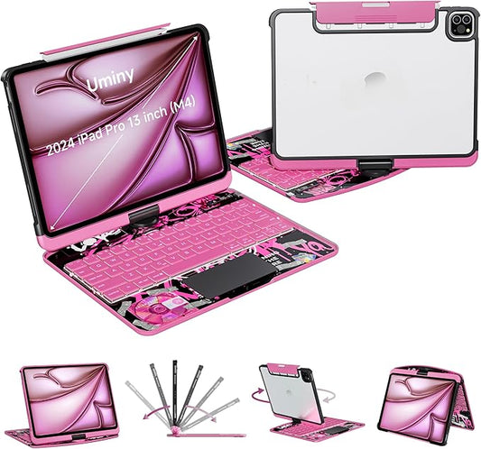 Uminy Transparent Keyboard Case for iPad Pro 13 Inch (M5 2025/M4 2024) with Multi-Touch Trackpad, 360° Rotating Stand, 7-Color 3-Level Backlit, Wireless Bluetooth, Pencil Holder, Pink