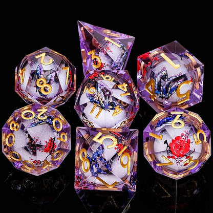 Butterfly DND Dice Purple Liquid Core Dice Set with Metal Box, Handmade Sharp Edge D and D Polyhedral Dice for use with D&D Role Playing Game, D20 D12 D10 D8 D6