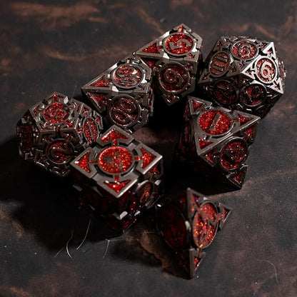 Red Black Nickel Finish Heavy Metal DND Dice Set (Barbarian) with A Metal Box, Sharp Edge Zinc Alloy D&D Accessories, D4-D20, Designed for Dungeons & Dragons Master, RPG Player, Starter