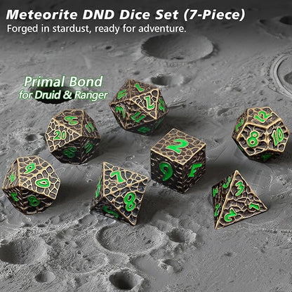 PJOY Metal Dice Set D&D for Dungeons and Dragons Green Metal Druid DND Dice with Case Meteorite Bronze 16mm 7PCS Role Playing Cool DND Gifts for Players DM Game Masters