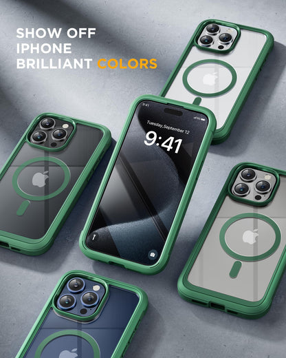 Miracase Magnetic for iPhone 15 Pro Case [Compatible with MagSafe] Full-Body Bumper Phone case with Built-in Glass Screen Protector& Camera Protector, Military Drop Proof 15 Pro Cover, Magnetic Green