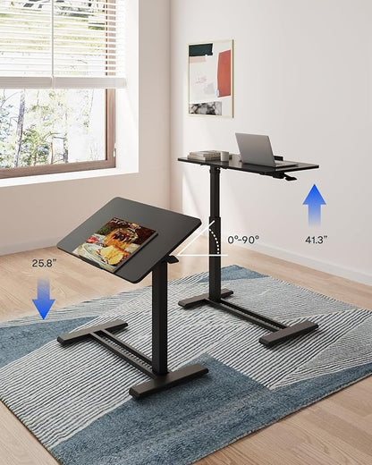 FLEXISPOT H7 PRO Mobile Standing Desk Adjustable Overbed Table Pneumatic with Wheels 90°Tiltable Portable Laptop Desk Rolling Computer Cart Foldable Bedside Table(27.6" W x 15.7" D, Black)