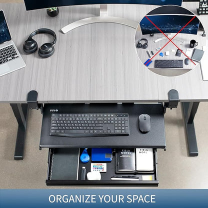 VIVO Large Height Adjustable Clamp-on Keyboard Tray, Extra Sturdy Pull Out Platform with Storage Drawer, 27 (33 Including Clamps) x 11 inch Slide-Out Tray with Organizer, Black, MOUNT-KB05HB-DR
