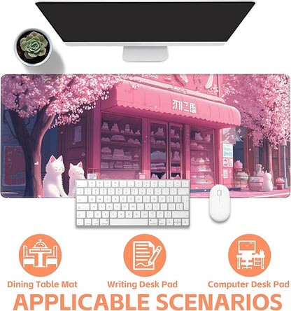 Mouse Pad Large Cake Shop and White Cats Non-Slip Gaming Desk Mat with Stitched Edge Laptop Keyboard Desk Pad for Work Home Gaming (35.4 x 15.7 Inches)