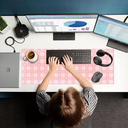 Pink Minimalist Gingham Floral Desk Mat Gaming Mouse Pad Large Cute Pastel Desk Pad Deskmat Kawaii, Women Office Desk Cover Mat, Laptop Computer Keyboard Mat Mousepad Desk Accessories 31.5"x11.8"