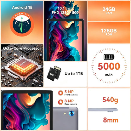 Android Tablet with 10.1 inch 1280 * 800 IPS HD Touchscreen, Octa-Core Processor, 64GB Storage, 1TB TF Card Expandable, 5G/2.4G WiFi, BT 5.0,Dual Camera, Tablet for Study, Business&Entertainment