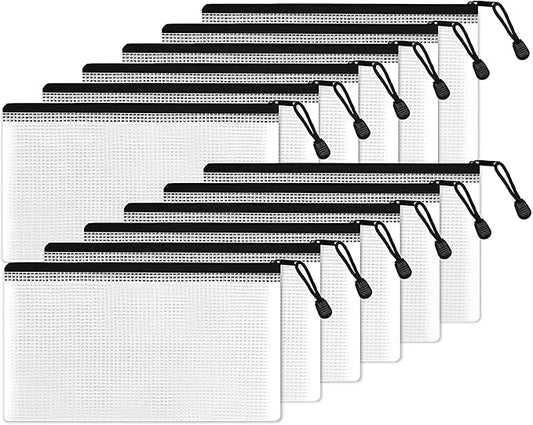 SUNEE Plastic Mesh Zipper Pouch 4.6x9.2 in (Black, 12 Packs), Small Water-Resistant Zip Bag for School Office Supplies, Pencil Organizing Storage