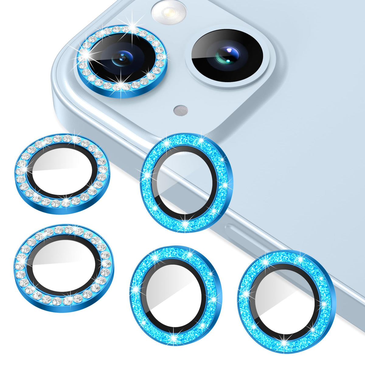AGVEE 16 Pro & Max 3+3 6 Pack for iPhone 13 6.1" / 13 Mini 5.4" Camera Lens Protector, Bling Diamond & Bling Glitter Metal Ring 9H Tempered HD Glass Camera Cover Film, Glitter-Desert