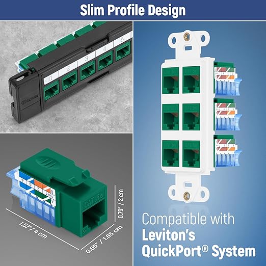 Everest 45° Angled RJ45 Cat5e Keystone Jacks 50-Pack in Green - Slim Profile Female RJ45 Connectors - Cat 5e Keystone Jack - Compatible with 45° Angled Speed Termination Tool - 45Term (B0BL3GS7ZY)
