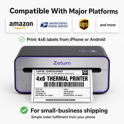 Zeturn 4x6 Thermal Shipping Label Printer, Bluetooth Wireless