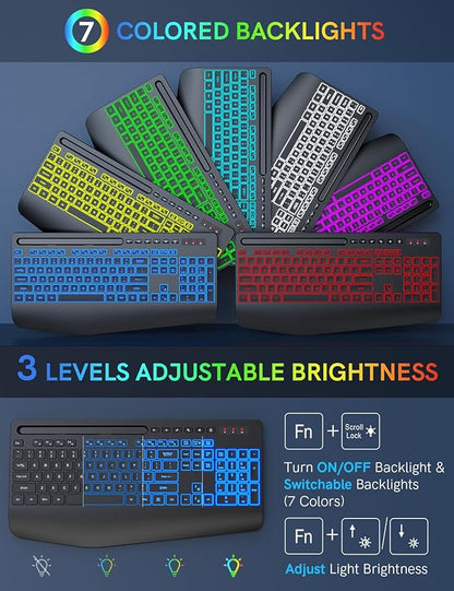 Trueque Wireless Keyboard with 7 Colored Backlits, Wrist Rest, Phone Holder, Rechargeable Ergonomic Keyboard with Silent Light Up Keys, Cordless Computer Keyboard for Windows, Mac, Laptop