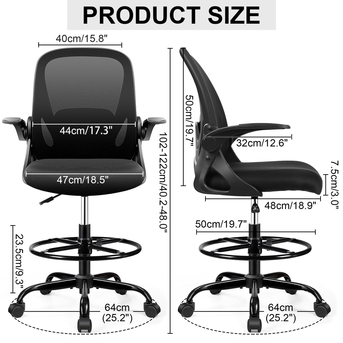 Drafting Chair Tall Office Chair with Flip-up Armrests, Adjustable Height, and Enhanced Lumbar Support - Ergonomic Rolling Stool, Back Support, and Adjustable Foot Rest Ring for Standing Desk Black