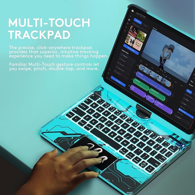 GUSGU Transparent Case with Wireless Keyboard for iPad 10.2-in (7th, 8th, and 9th Gen), 7 Colors Backlight, Trackpad, 360°Rotating Stand, Tech Style