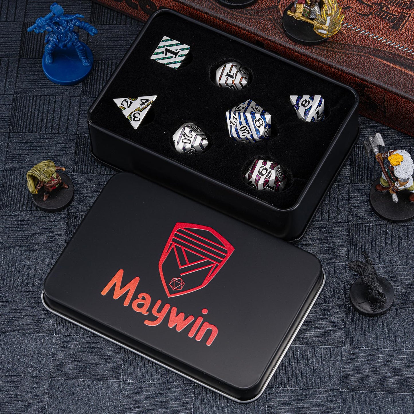 Maywin Luxury Inlay Metal Dice Set, Heavy Zinc Alloy Dice with Decorative Inlay for DND & RPG Games