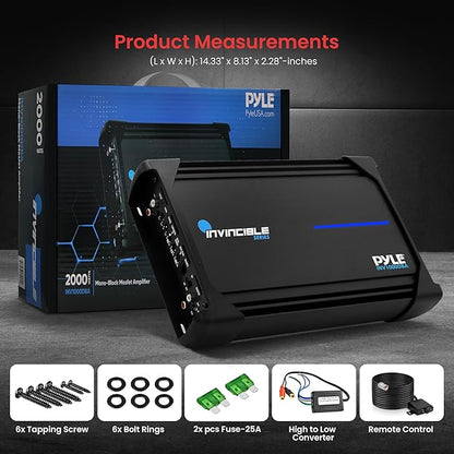 Pyle 1Channel 2000W Class D Car Audio System Amplifier, 14"Invincible Monoblock Series Amp, Advanced Protection Circuitry, PWM Power Supply, 5-Way Protection, Lightweight & Compact Design, LPF Control