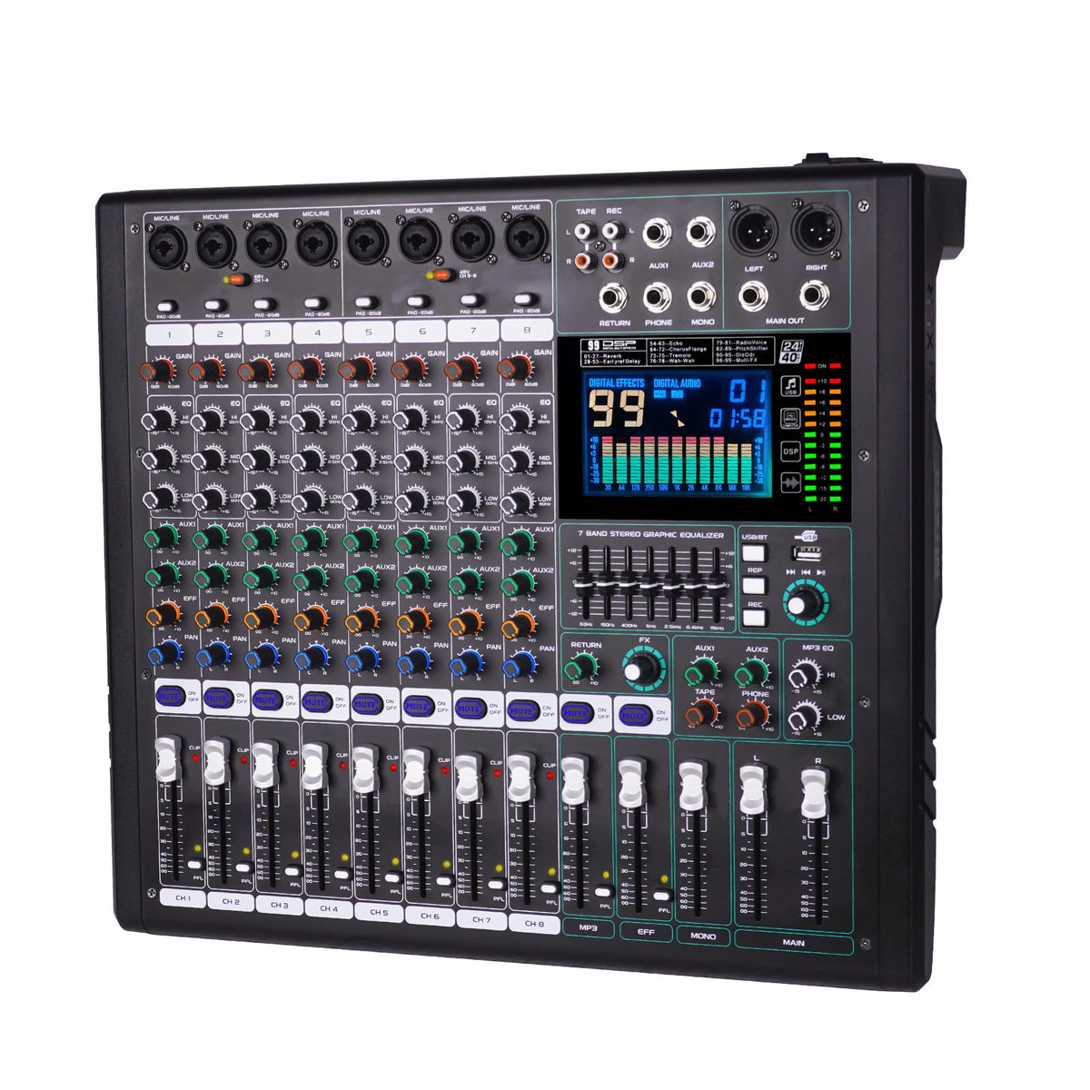 Doslnlya GF8 Pro Multi functional 8-channel Audio Mixer, Bluetooth DJ Mixing Console -7-level Stage Equalizer, 99 Sound Effects, Stage Independent Mute, Karaoke, Wedding Scene, Party DJ Mixer