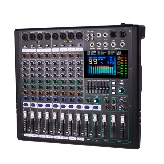 Doslnlya GF8 Pro Multi functional 8-channel Audio Mixer, Bluetooth DJ Mixing Console -7-level Stage Equalizer, 99 Sound Effects, Stage Independent Mute, Karaoke, Wedding Scene, Party DJ Mixer