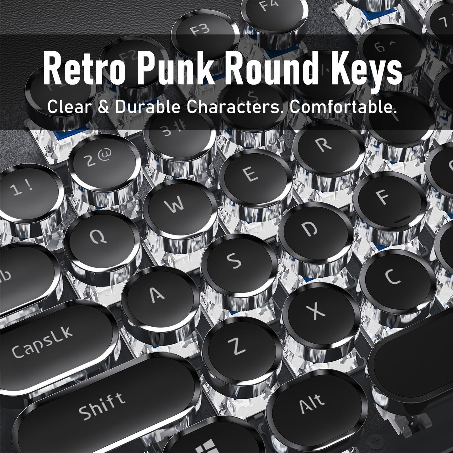 SEUNKWANG Typewriter Style Mechanical Gaming Keyboard with White Backlit, Wired Retro Punk Computer Keyboard Durable Metal Panel, Clicky Blue Switch, Round Keycaps, Full-size for PC/Desktop/Win, Black