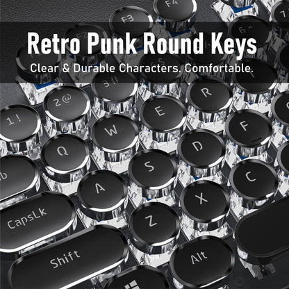 SEUNKWANG Typewriter Style Mechanical Gaming Keyboard with White Backlit, Wired Retro Punk Computer Keyboard Durable Metal Panel, Clicky Blue Switch, Round Keycaps, Full-size for PC/Desktop/Win, Black