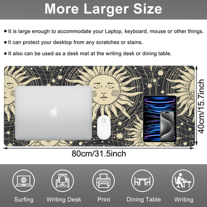 Mouse Pad, Large Golden Sun with a Face and Orbits Desk Mat, Extended Non-Slip Gaming Keyboard Mousepad Desk Pad, Thick Stitched Edges Waterproof Mouse Mat 31.5"x15.7" (Boho Pattern)