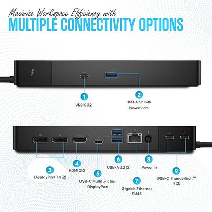 WD22TB4 Dell Thunderbolt 4 Dock 40Gbps USB-C/USB-A 1 Year Warranty - Docking Station with 180W, HDMI, DisplayPort Cables & Cleaning Cloth – Supports Dual/Triple Monitors & 4K Displays