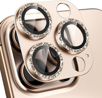 beuxece Compatible for iPhone 16 Pro/iPhone 16 Pro Max Camera Lens Protector, Bling Metal Tempered Glass Camera Screen Cover Accessories [Strong Adsorption][Case-Friendly]- Glitter Titanium Desert
