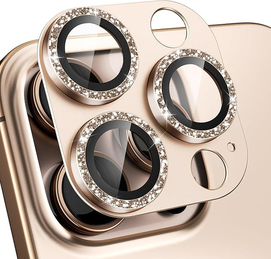 beuxece Compatible for iPhone 16 Pro/iPhone 16 Pro Max Camera Lens Protector, Bling Metal Tempered Glass Camera Screen Cover Accessories [Strong Adsorption][Case-Friendly]- Glitter Titanium Desert
