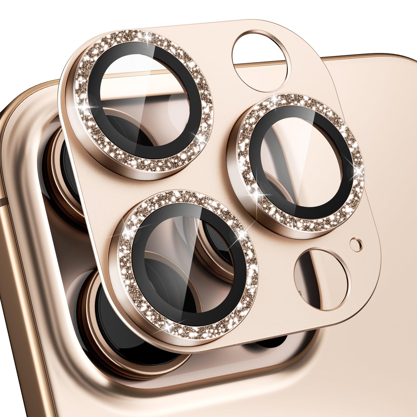 beuxece Compatible for iPhone 16 Pro/iPhone 16 Pro Max Camera Lens Protector, Bling Metal Tempered Glass Camera Screen Cover Accessories [Strong Adsorption][Case-Friendly]- Glitter Titanium Desert